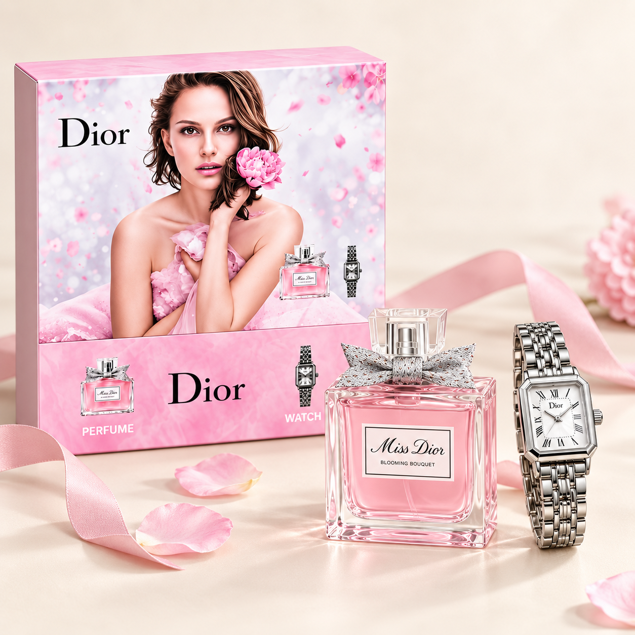 Miss Dior Blooming Perfume & Watch Gift Set for Women – Floral Fragrance and Stylish Watch Combo